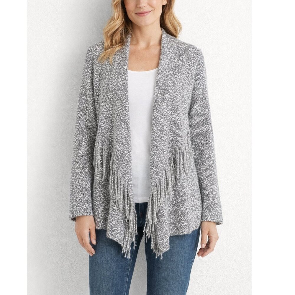 Alfred Dunner Marled Fringe Open Front Cardigan Sweater - Petite Small